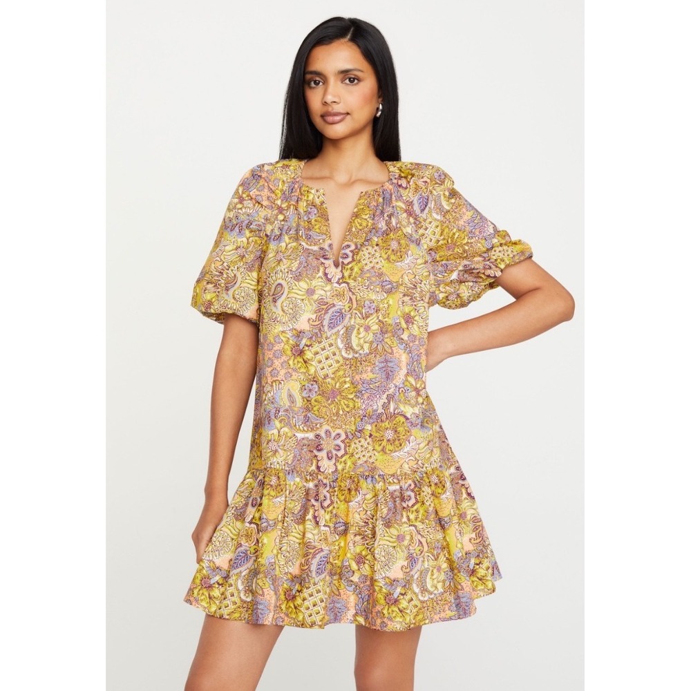 Marie Oliver Greta Dress Meadow Yellow Paisley Floral Mini Shift Size XL